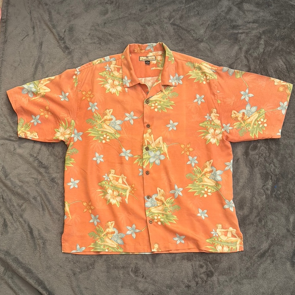 Tommy Bahama Orange Pink Casual Button Down Shirt With Bikini Girls Cartoon